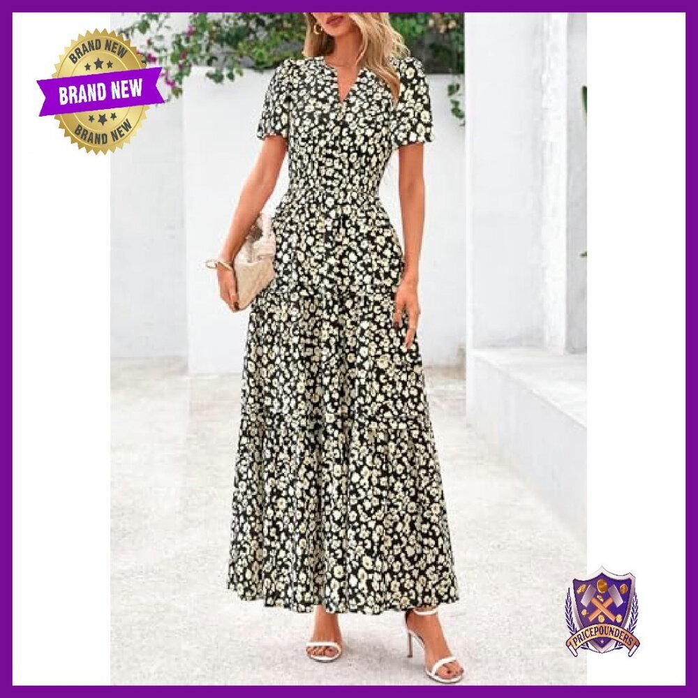 Boho Maxi Dress with Pockets, V-Neck, Tiered Flowy Summer Beach Dress - Picture 4 of 8